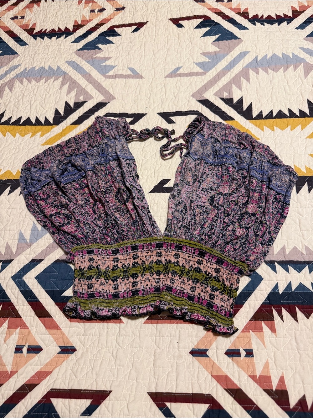 Free People Purple and Pink Floral Smocked Crop Peasant Top